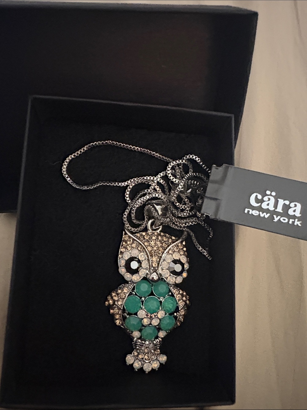 🦉 Silver & Blue Owl Pendant Necklace with Crystal Accents new with tag and box
